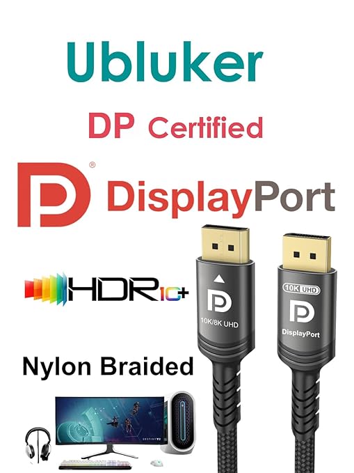 10K 8K DisplayPort 2.1 Cable 54Gbps 33 FT, Certified DP to DP Cord 4K 240Hz 165Hz 144Hz 120Hz 10K 8K 120Hz Nylon Braided UHBR HDCP2.3 FreeSync G-Sync RTX5090 Gaming Monitor PC Projector