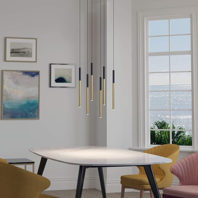 ALTAIR 6 Mini Pendant Lighting Black-Brass - LED Hanging Light Fixture for Kitchen Island, Bar, Foyer - Cluster Pendants - Dimmable, Adjustable Wire, Lamp Bulb Included
