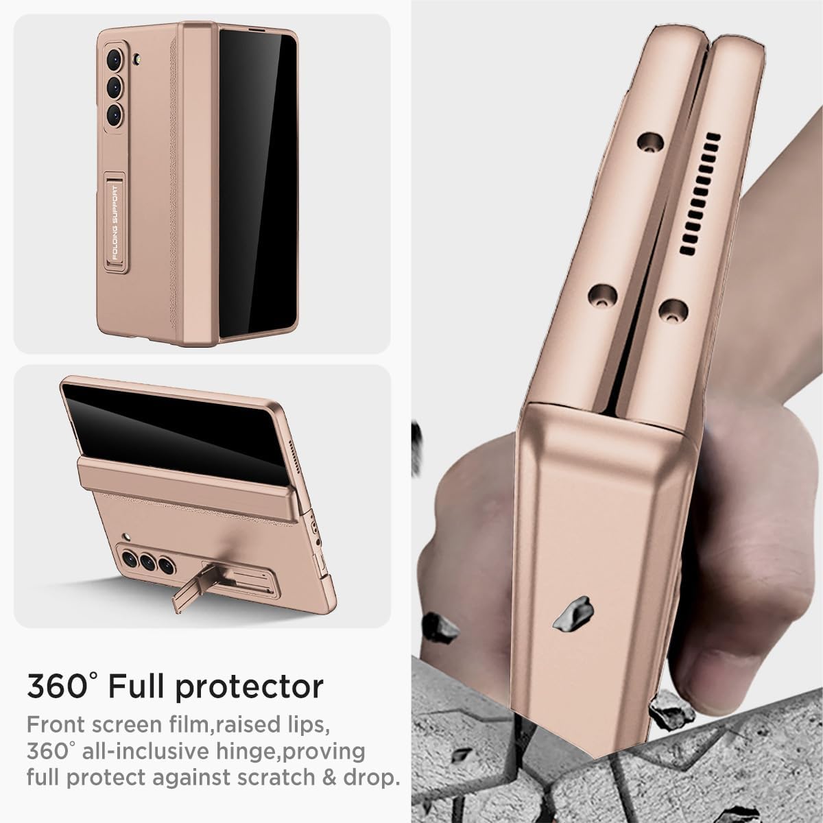 Miimall for Samsung Galaxy Z Fold 5 Case with Privacy Screen Protector, Built-in Adjustable Kickstand & Magnetic Hinge Protection All-Inclusive Protective Case for Galaxy Z Fold 5 5G(Champagne Gold)
