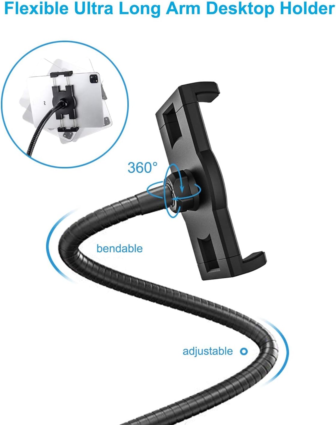 woleyi Gooseneck Tablet Holder Mount, Heavy Duty Desk/Bed Tablet Stand, Flexible Arm Clip for iPad Pro Air Mini, Galaxy Tab/Z Fold, Fire HD, Surface Pro/Go, Switch, iPhone and More 4.7-13" Devices