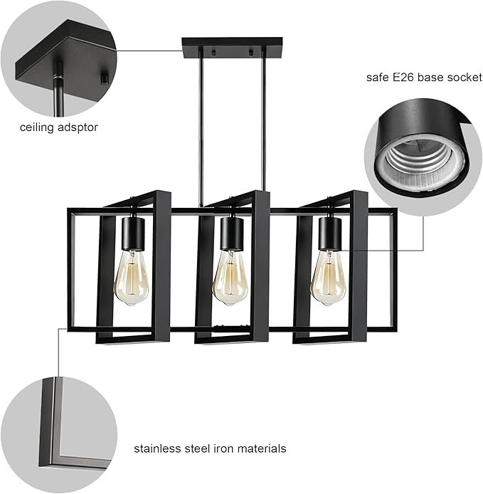 3-Light Island Lights for Kitchen, Rectangular Black Metal Kitchen Island Chandelier 23.6" Adjustable Rustic Modern Dining Room Light Fixtures Over Table, Chandeliers for Dining Room