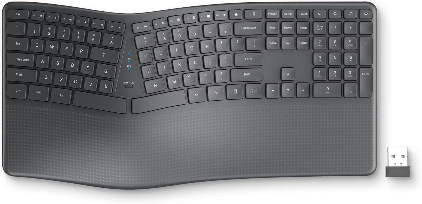 Ergonomic Wireless Keyboard with Wrist Rest, 2.4G Full Size Split Ergo Keyboard with Wave Keys, Comfortable Natural Typing for Windows Computer Desktop Laptop