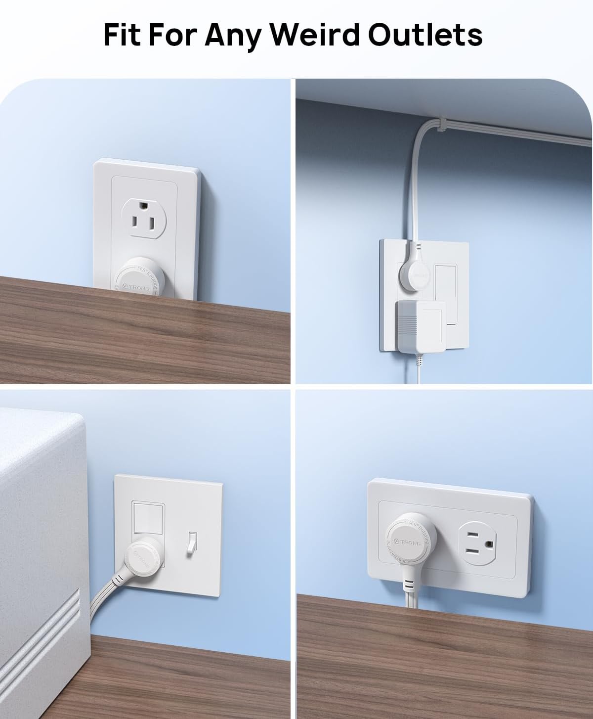 TROND Short Extension Cord 3ft with 360° Rotating Flat Plug, Low Profile Small Power Strip, Three Prong Grounded Outlets Cube, 13A, 16 AWG Cable for Indoor Home Office Cruise Travel Essentials, White