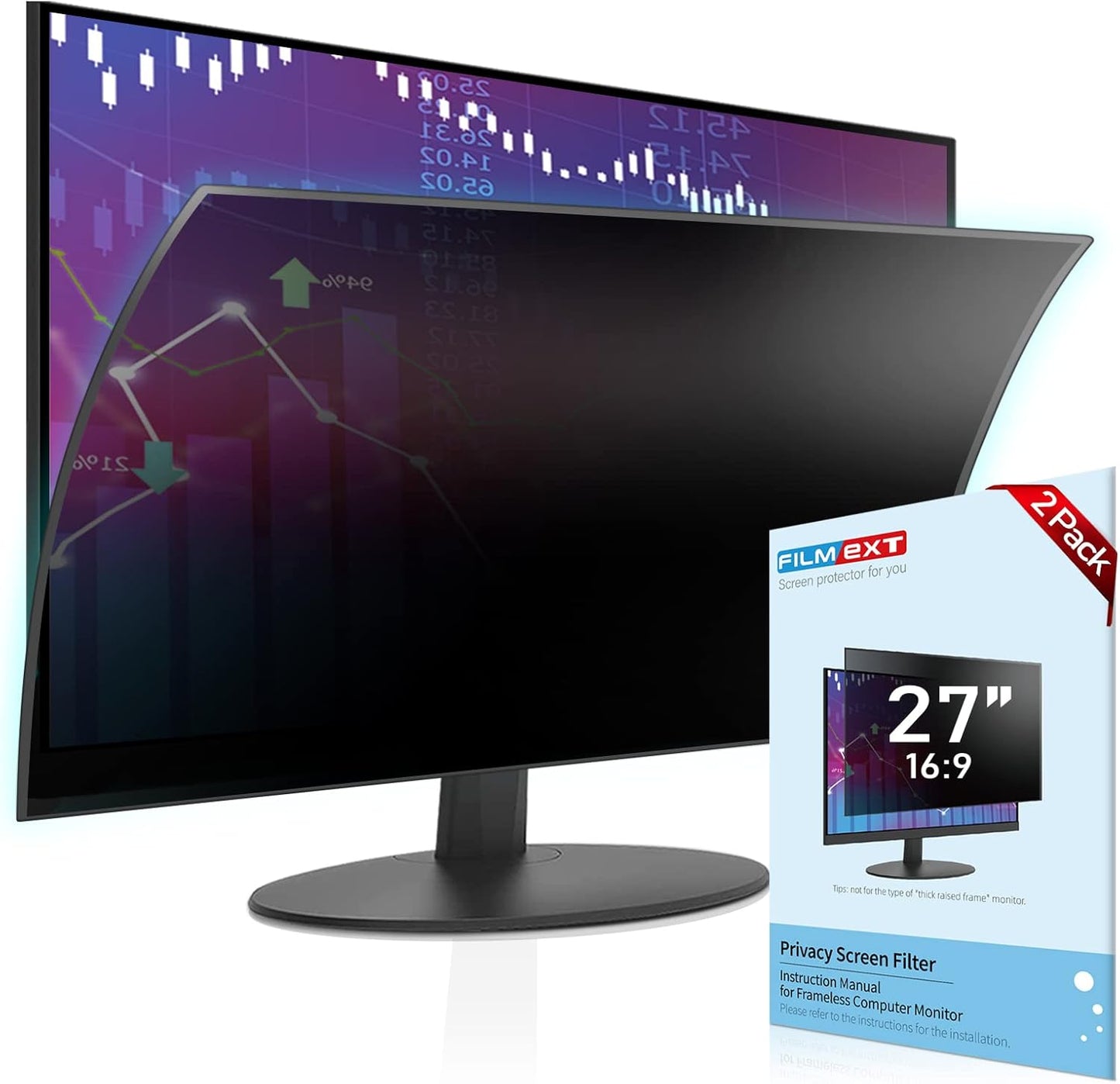 FILMEXT [2 Pack Removable Computer Privacy Screen Filter for 27 inch Monitor, Privacy Shield for Frameless Monitor Widescreen 16:9 Aspect Ratio, Blue Light Filter, Anti-Spy & Anti-Scratch