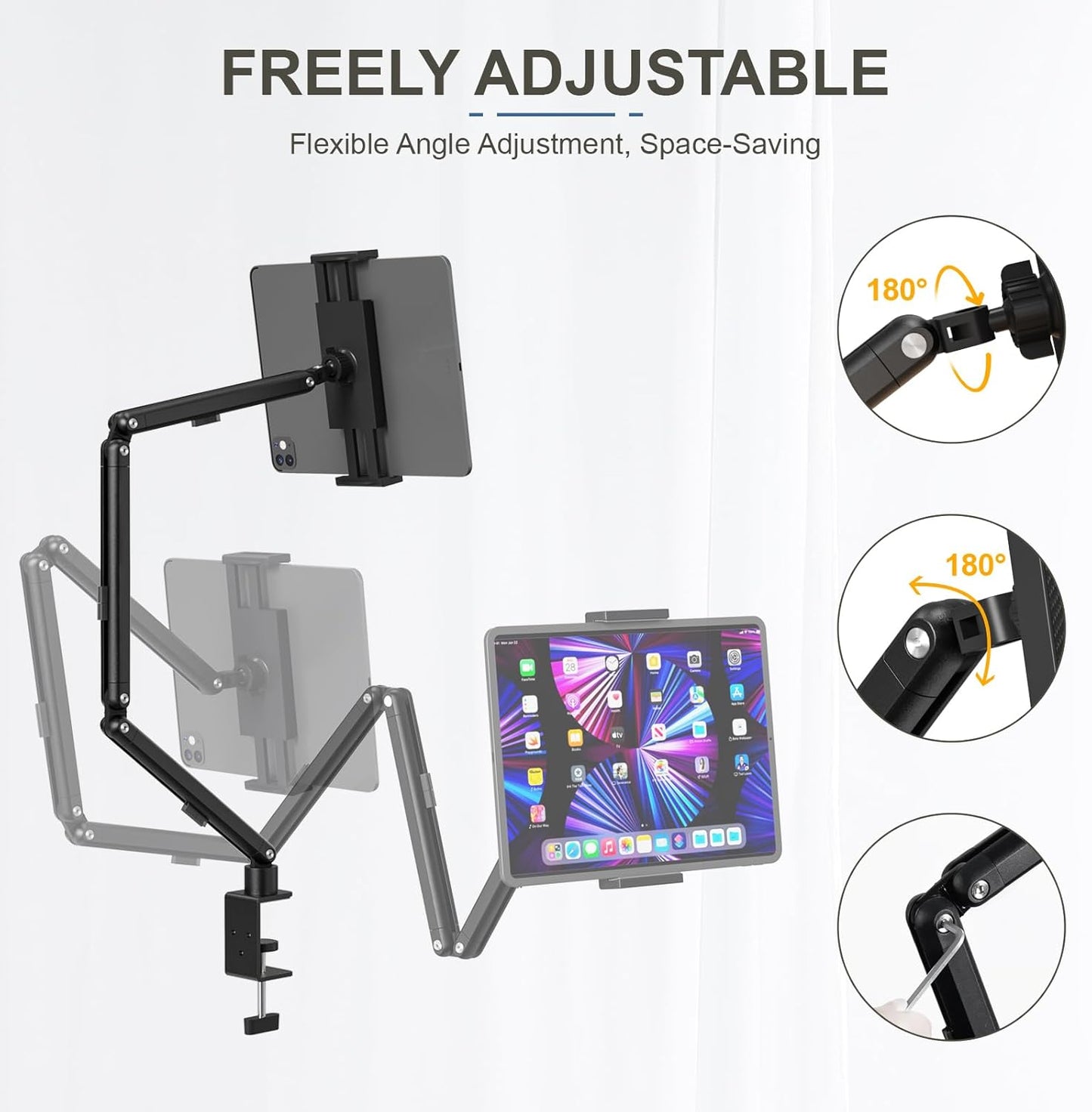 Tablet Stand Holder, Foldable iPad Holder Arm with 360°Rotate Base, Tablet Desk Mount with Magnetic and Clamp, iPad Stand for Desk, Compatible with Tablets, Phones or Other 4.7-15.6" Devices