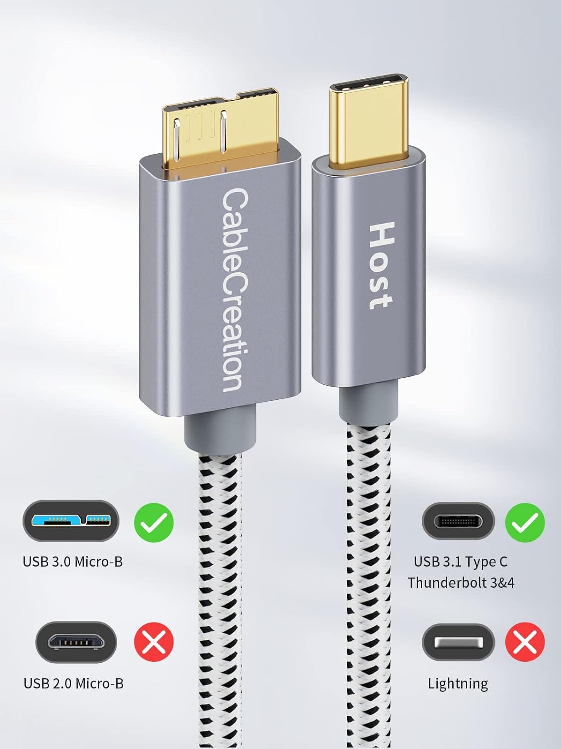 CableCreation 1FT*2 USB C to Micro B Cable,10Gbps Speed External Hard Drive Braided,USB 3.1 Type C to Micro B Work for iPhone 15 Series,Seagate WD Westgate My Passport,MacBook Pro,iPad/Tablet,Grey