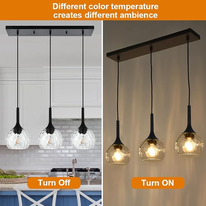 VINLUZ Linear 3-Light Hanging Pendant Kitchen Island Light in Black Finish, Modern Chandelier with Round Ribbed Glass Shades for Dining Room and Hallway
