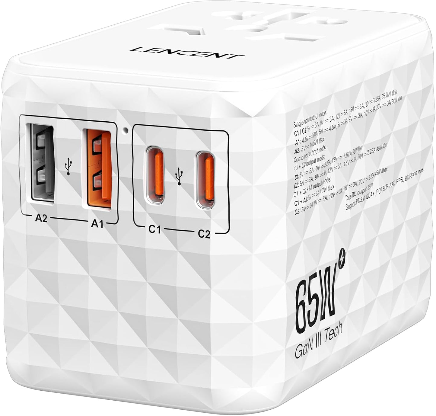 LENCENT 65W Universal Travel Adapter, GaN International Fast Charger 2 USB-A & 2 USB-C Power Plug Converter, Power Outlet Adapter for Phones,Laptops, All in One Travel Essentials for EU/USA/UK/AU