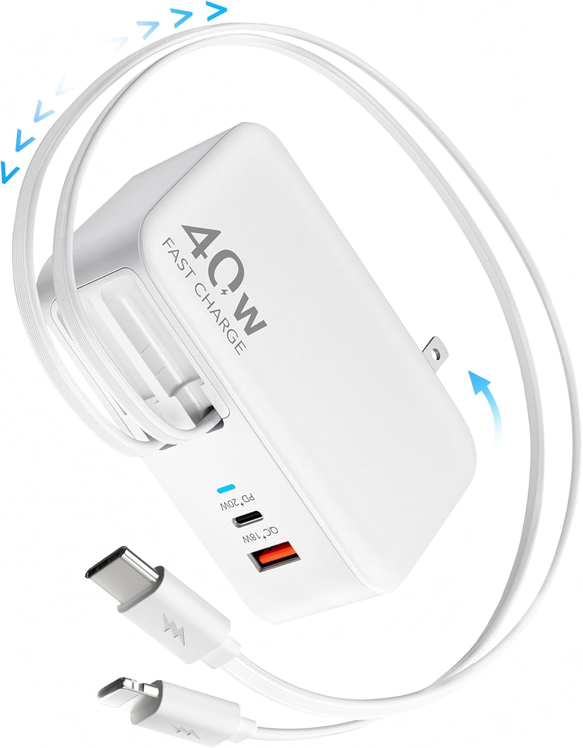 4-in-1 Retractable Gan Wall Charger Plug,Travel Essentials Brick Multiport USB Ports,3ft Lightening and Type C Cables,40W Multi Fast Charging Foldable Block for iPhone 16/15/14/13,iPad,Galaxy,Pixel