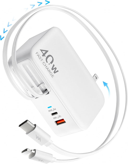 4-in-1 Retractable Gan Wall Charger Plug,Travel Essentials Brick Multiport USB Ports,3ft Lightening and Type C Cables,40W Multi Fast Charging Foldable Block for iPhone 16/15/14/13,iPad,Galaxy,Pixel