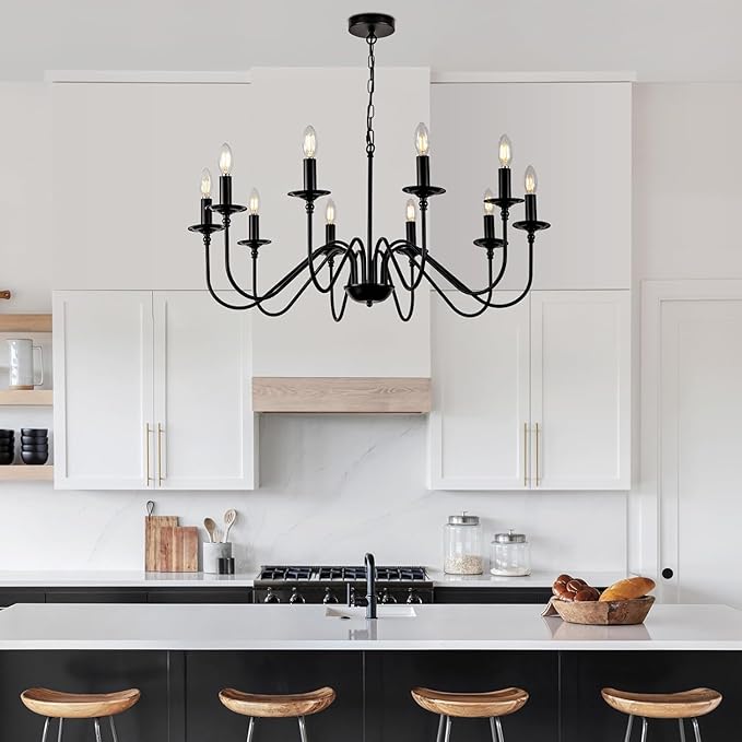 Black Farmhouse Chandeliers, 10 Light S-Arm Modern Candle Hanging Pendant Light, Industrial Rustic Metal Ceiling Kitchen Island Lights for Living Room, Entryway, Foyer, Bedroom, Dining Room