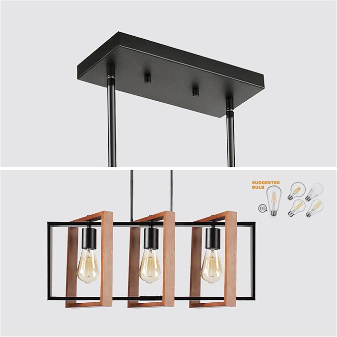 3-Light Island Lights for Kitchen, Rectangular Wood and Black Metal Kitchen Island Chandelier 23.6" Adjustable Rustic Modern Dining Room Light Fixtures Over Table, Chandeliers for Dining Room