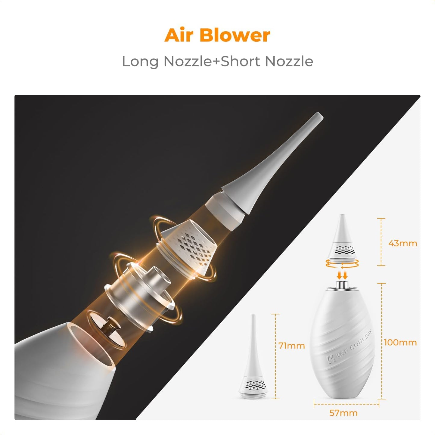 K&F CONCEPT Air Blower, with Long Nozzle/Short Nozzle Switch Design, Single Air Intake Camera Lens Blower, for Digital SLR Lens Sensor LCD Screens Musical Instruments Keyboards Telescope Filters
