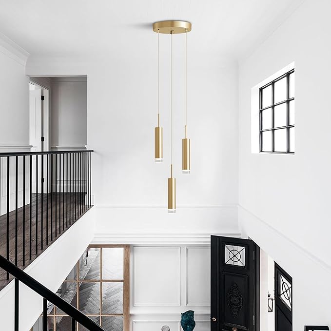 KCO Lighting 3-Light Gold Cylinder Kitchen Island Pendant Light Brushed Brass Metal Long Tube Bar Cluster Pendant Lighting Industrial Farmhouse Adjustable Hanging Ceiling Light Fixture