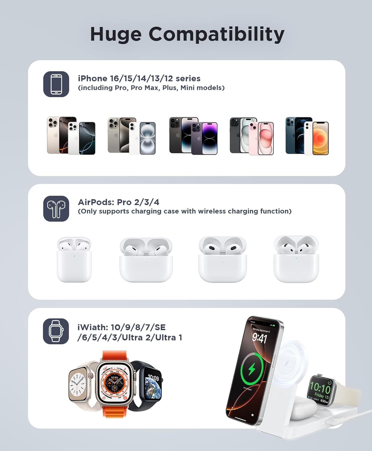 3 in 1 Magnetic Wireless for iPhone Charging Station: Foldable Portable Charger for iPhone 16-12 Pro Max & Apple Watch & AirPods, for Apple Multiple Devices Charger for Home,Office&Travel