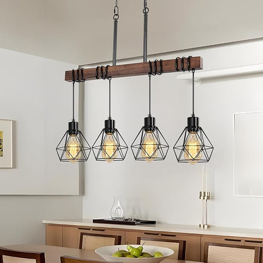 4-Light Modern Farmhouse Chandelier for Dining Room - Black Metal & Rustic Wood Kitchen Island Lighting with Adjustable Height, 29.5" Linear Pendant Light Fixture with Diamond Shades, UL Listed