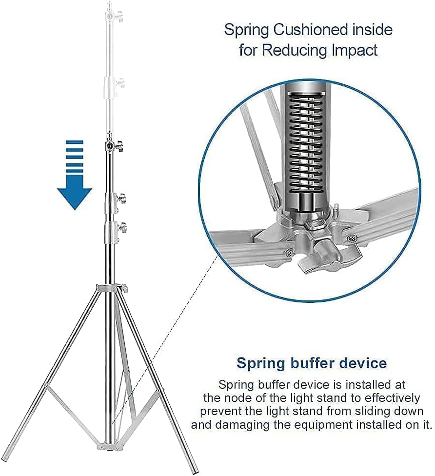 Stainless Steel Light Stand Photography, Spring Cushioned Heavy Duty Tripod Stand, 9.5ft/2.8m, 2 Packs Professional Photography Studio Stands