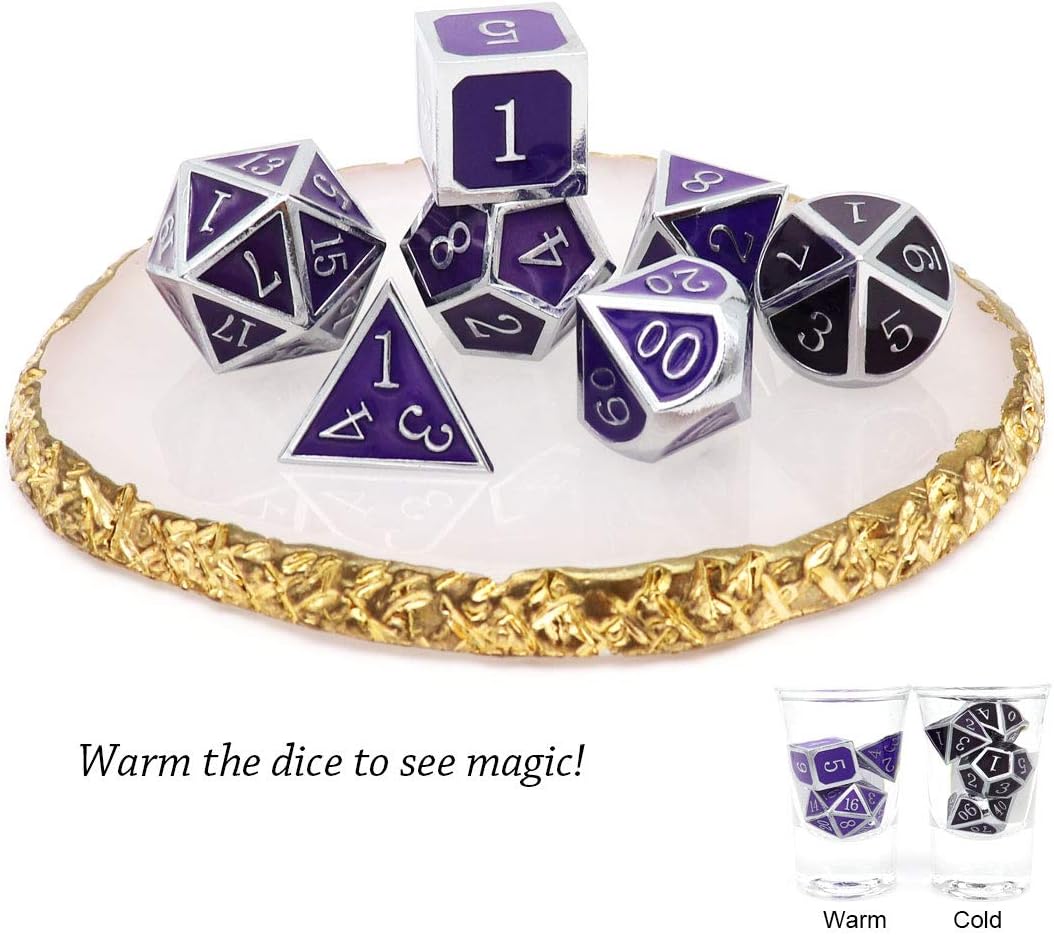Haxtec Color Changing ByTemperature Metal DND Dice Set Polyhedral D&D Dice Compatible with Dungeons and Dragons RPG-Silver Black Purple Shift