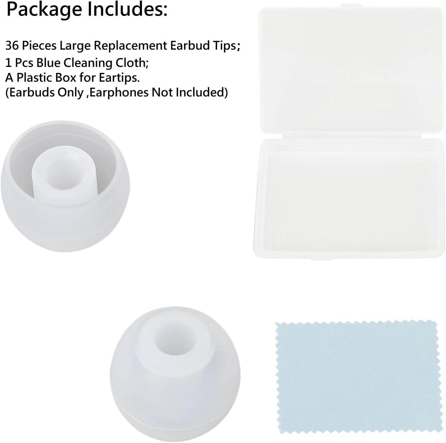 36 Pieces Large Earbud Tips Soft and Comfortable Ear Bud Replacement Pieces Silicone Fit Most in-Ear Headphones，Inner Hole 3.8mm -5.5mm，Large Clear White Replacement Earbuds Silicone Tips