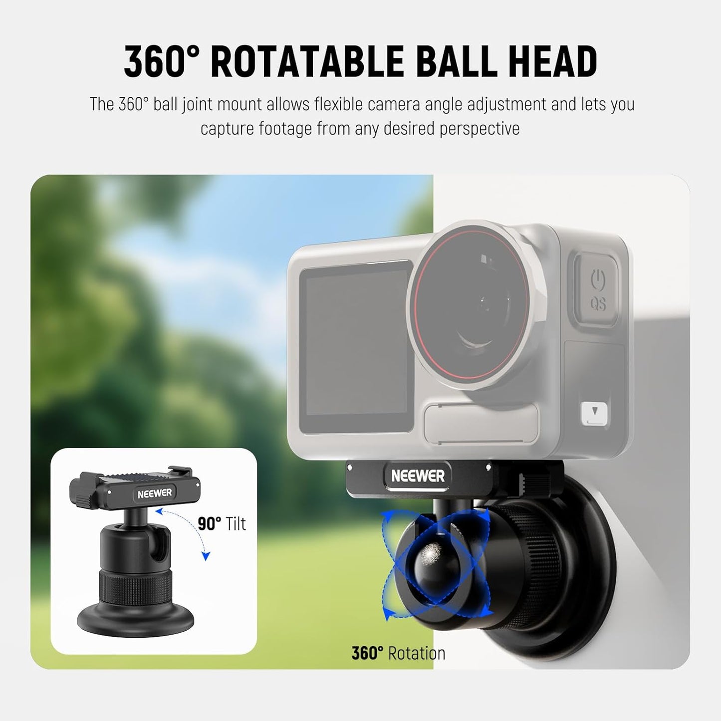 NEEWER Magnetic Camera Mount Compatible with DJI Osmo 360 / Action 5 Pro / 4/3, 360° Quick Release Ball Head Adapter Mount with 1/4" Thread for POV Shots, Camera Cage, Selfie Stick, Tripod, AC013