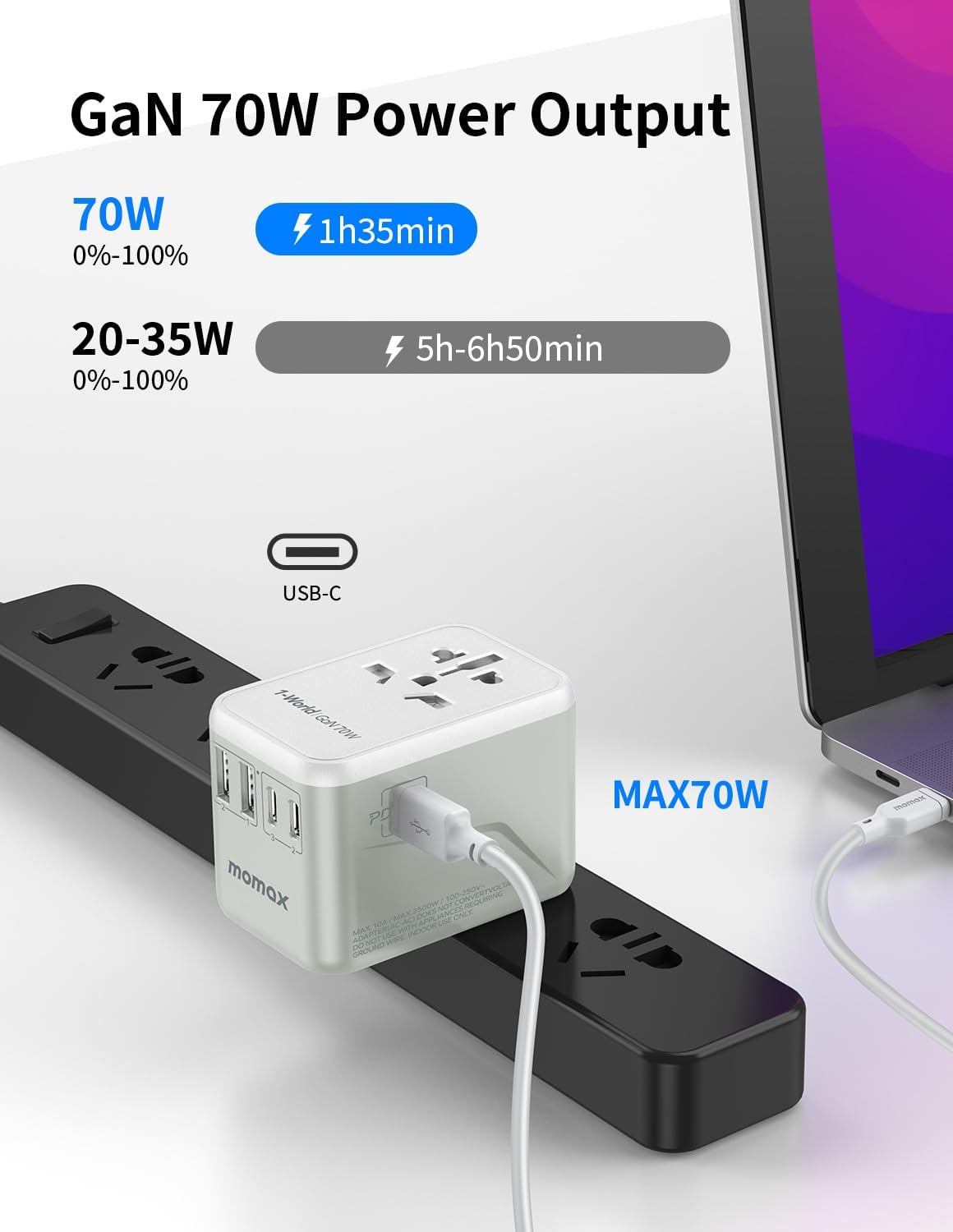 MOMAX Universal Travel Adapter, GaN 70W International Power Adapter, 3 USB-C PD Fast Charging & 2 USB-A QC, 1 AC, All-in-One International Plug Adapter for Travel European UK AUS JP