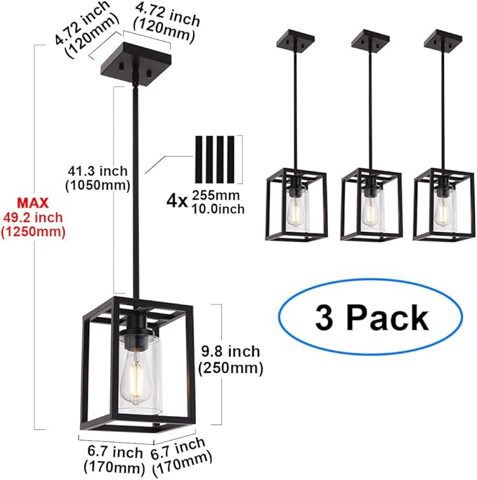 MELUCEE 3-Light Hanging Kitchen Lights Over Island with Clear Glass Shade, 3 Pack Black Small Chandelier Farmhouse Pendant Light for Kitchen Island Dining Room Hallway