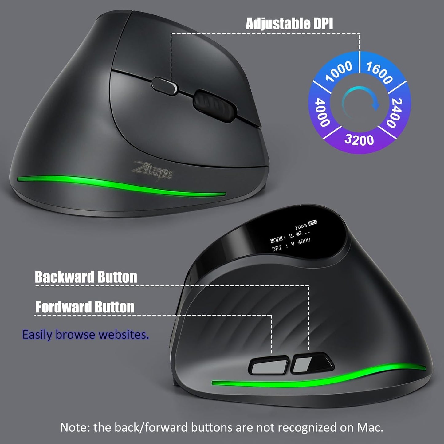 TRELC Wireless Ergonomic Mouse with OLED Screen, Rechargeable Silent Vertical Mouse for 4 Devices Connection (BT+2.4GHz), 4000 DPI, 7 Buttons for Windows/PC/Desktop/Laptop/Tablet (Dark Gray)