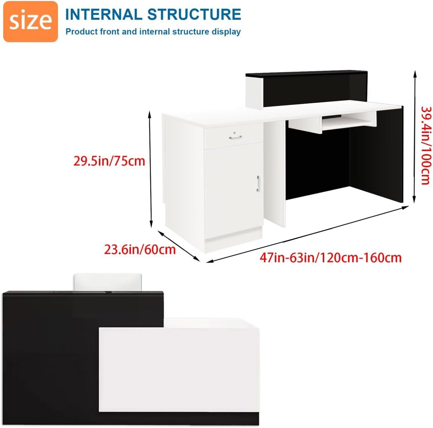 Reception Desk with Counter Modern Checkout Counter with Lockable Drawer Keyboard Tray Receptionist Desk for Office Salon Reception Table J Left 59inch/150cm