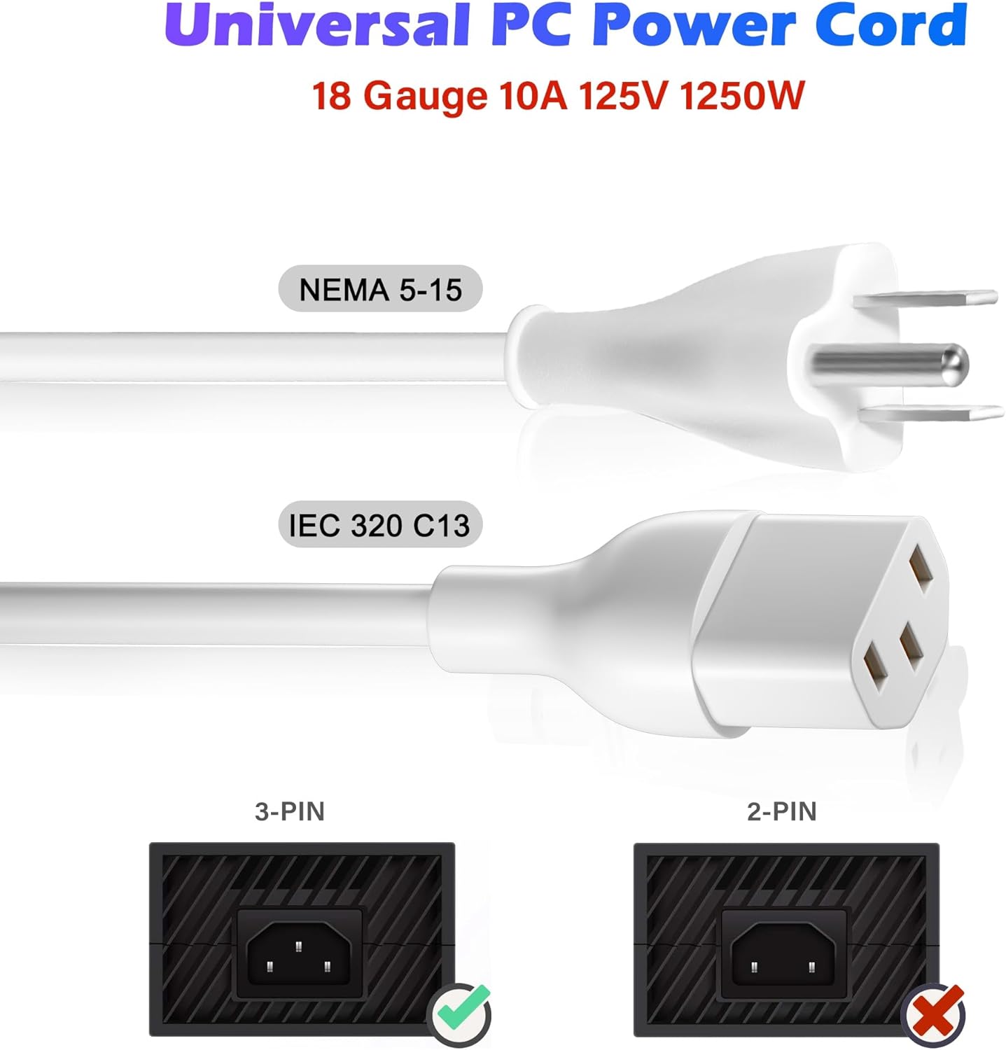 Adoreen 20 Ft Computer TV Replacement Power Cord White, Low Profile Flat Plug to 90 Degree Angled L-Shaped 18AWG 3-Prong AC Universal Power Supply Cable for Printer, PC, Monitor TV LCD, ETL+Ties