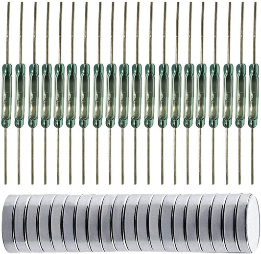 20pcs Glass Reed Switch Reed Contact Normally Open (N/O) Magnetic Induction Switch (2mm×14mm) with 20pcs Multi-Use Magnetic Sheet