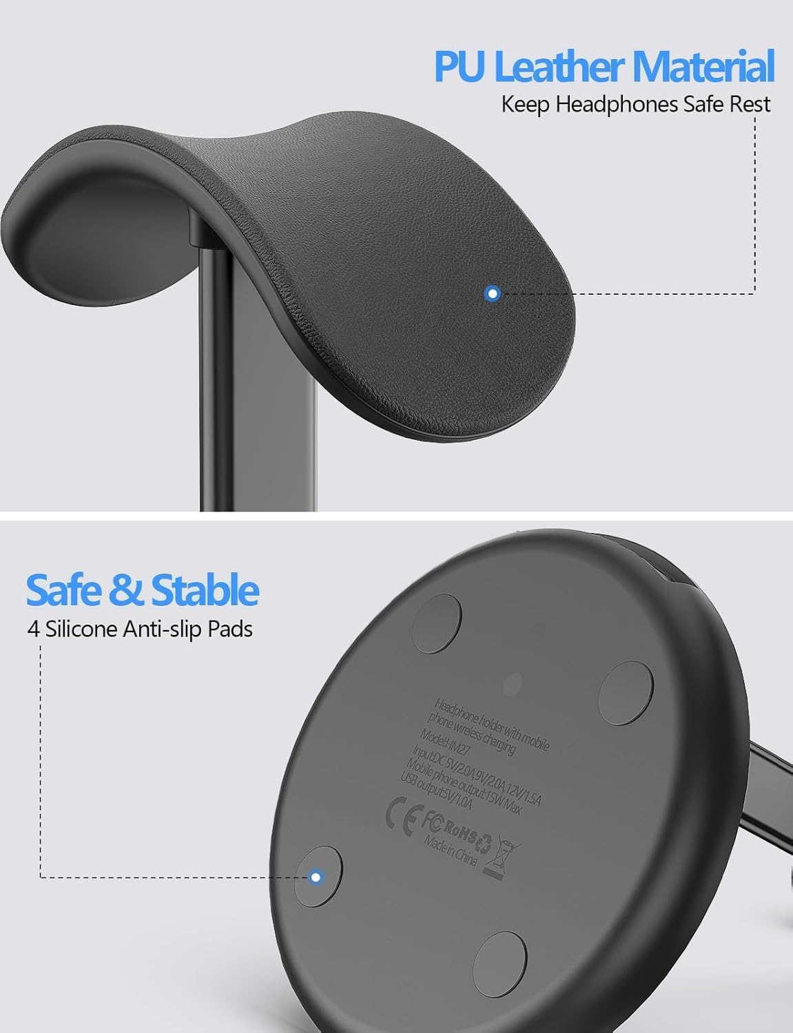 Miroddi Headphone Stand with Wireless Charger, Independent USB Charging Port, 5 in 1 Charging Station Headset Holder Rack for AirPods Max/Pro/4/3/2, iWatch, iPhone, Samsung and Desk Headphones, Black