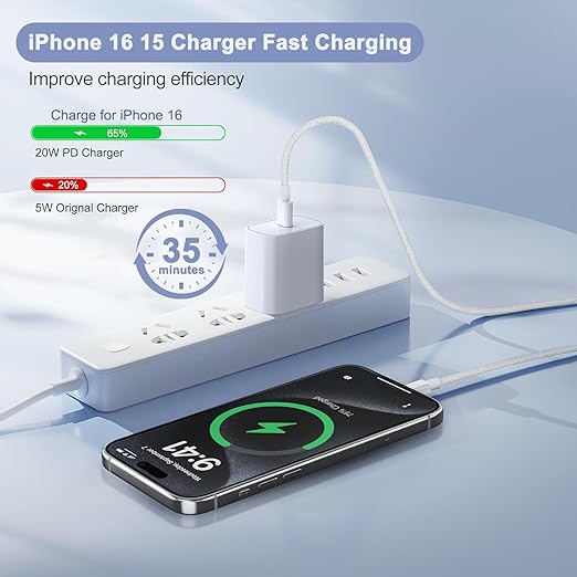iPhone 16 15 Charger Fast Charging, 2Pack 20W PD USB C Charger Block Type C Charge with USB C to C Fast Charging Cord Woven Cable for iPhone 16/16 Plus/16 Pro/16 Pro Max/15/15 Plus/15 ProMax/iPad Pro