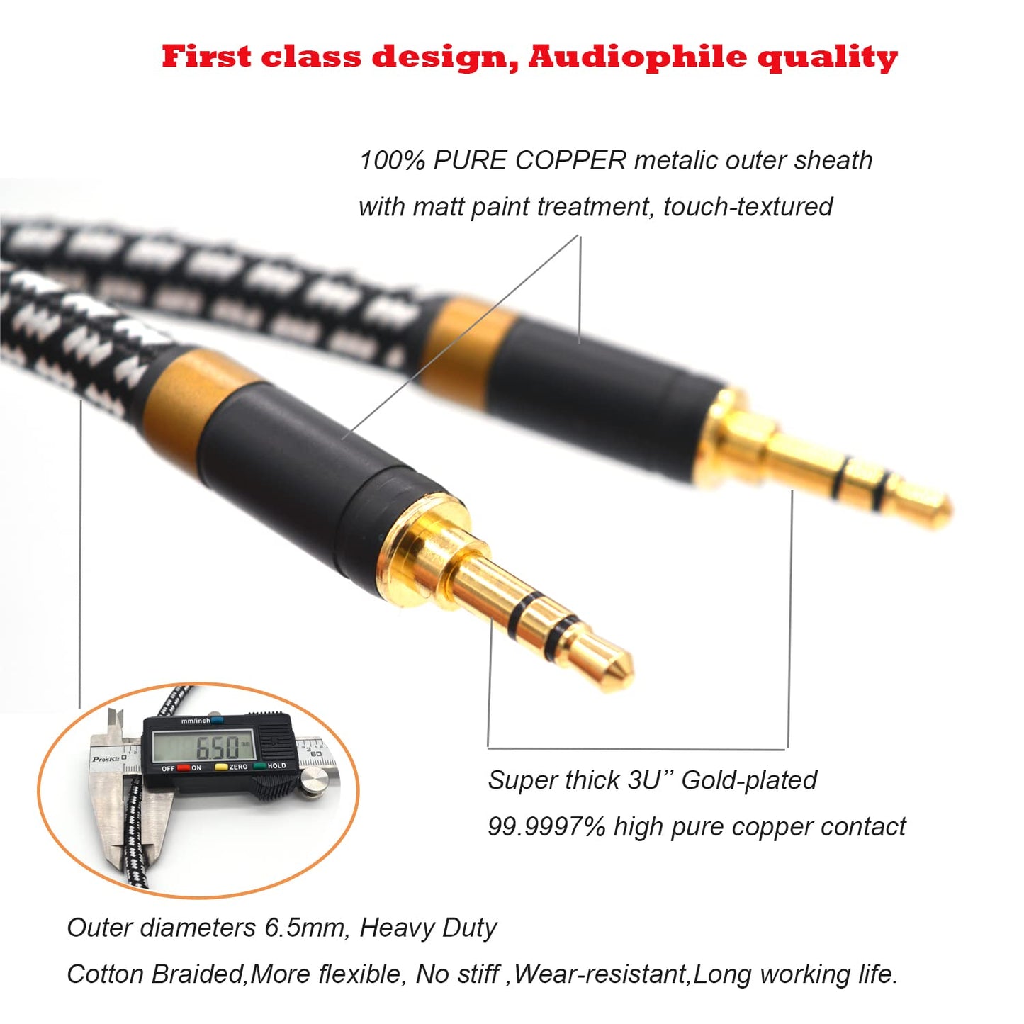 Aux Cord, Audiophile 3.5mm Stereo Audio Cable [2m (6.5 Feet), Silvered-Plated Copper core], Unbreakable and Great for Laptop, Tablets, Headphones, Cars and More.