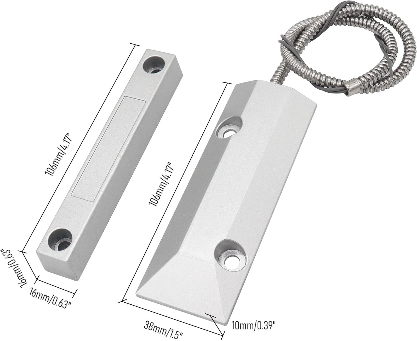 Magnetic Reed Switch Wired Surface Mount Normally Open NO Contact Sensor Alarm Magnetic Door Switch with 2 Wires, Zinc Alloy Sliver, OC-55