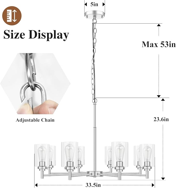 33.5'' 8-Light Chandelier for Dining Room Kitchen Island, Modern Farmhouse Pendant Lighting with Glass Shades Industrial Brushed Nickel Hanging Ceiling Light Fixture for Living Room, Height Adjustable