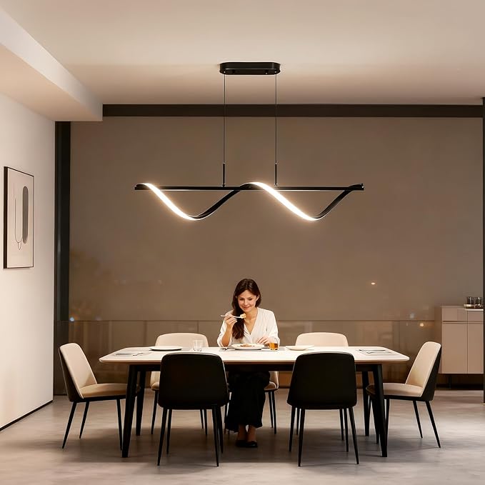 ziidoo Kitchen Island Lighting ，43.3in Dimmable Dining Room Light Fixture Over Table Linear LED Black Wave Spiral Chandeliers Modern Pendant Lights for Living Room Ceiling Hanging Light