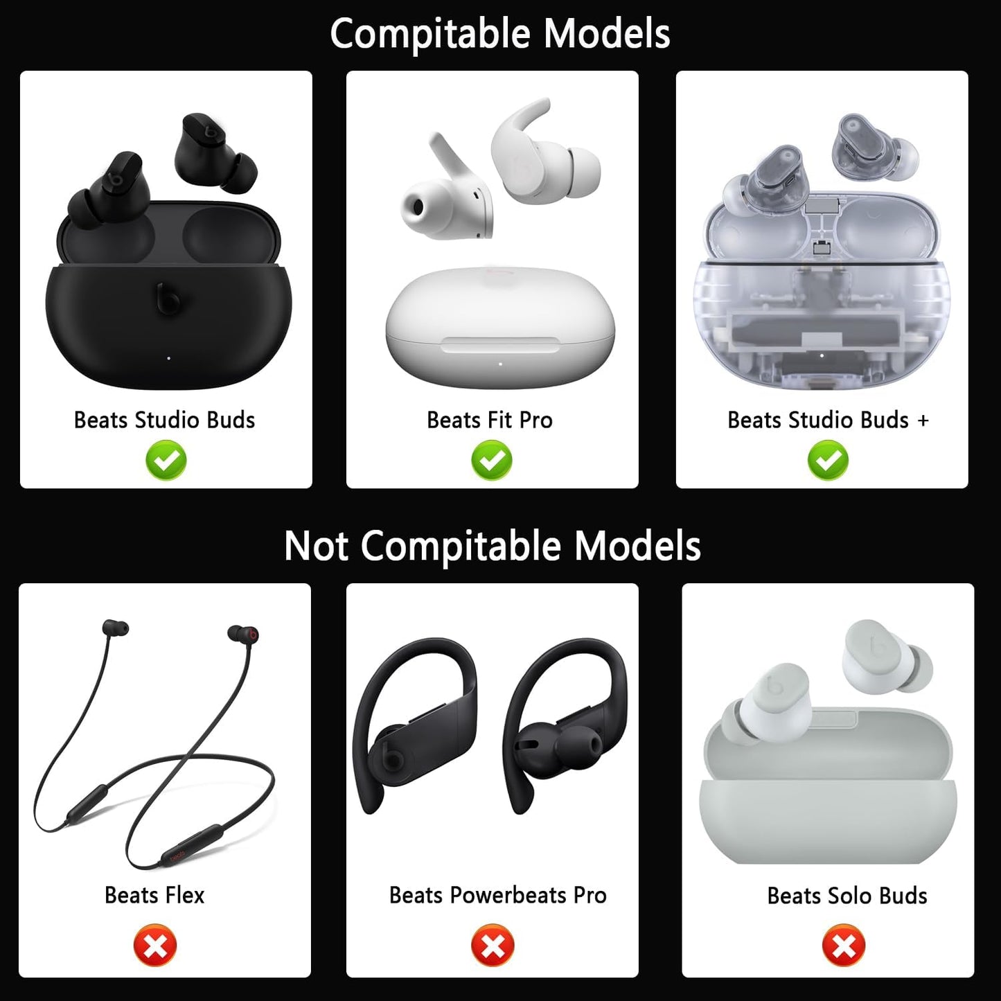 Replacement Silicone Ear Tips for Beats Fit Pro/Studio Buds/Studio Buds+ Headphone, 6 Pairs Earbuds Eartips L/M/S, Eargels Set Fit in Case, Earplug Ear Cap, Ear Buds Accessories-Black