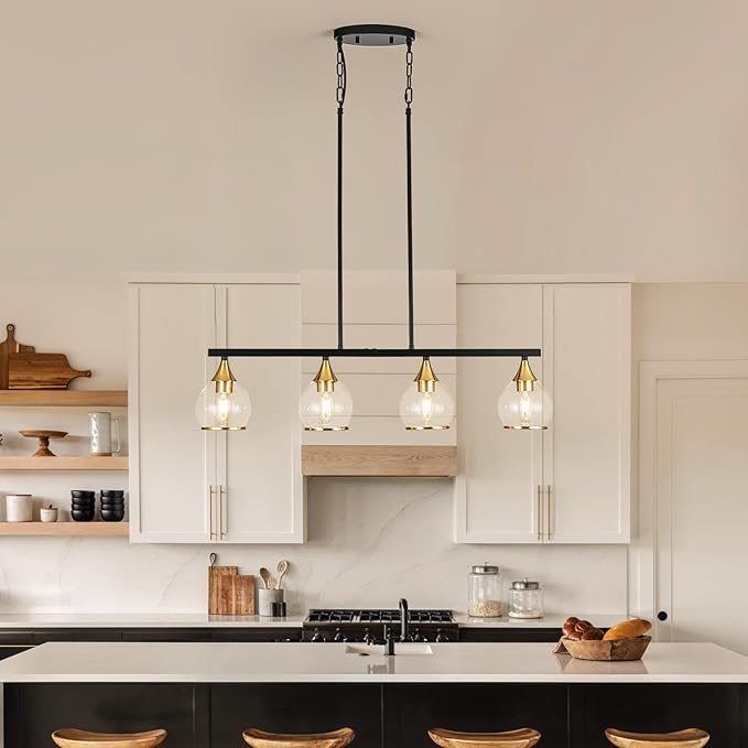 Island Light for Kitchen, 4-Light Black and Gold Kitchen Island Farmhouse Linear Hanging Pendant Chandeliers, Matte Black Dining Room Light Fixture Over Table with Clear Round Glass Shades