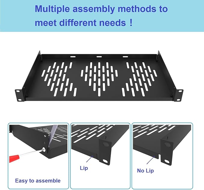 Beiyier 1U Universal Rack Shelf, 10" Deep Vented Cantilever Tray, for 19” Network Equipment Rack & Cabinet (1PCS, Black)