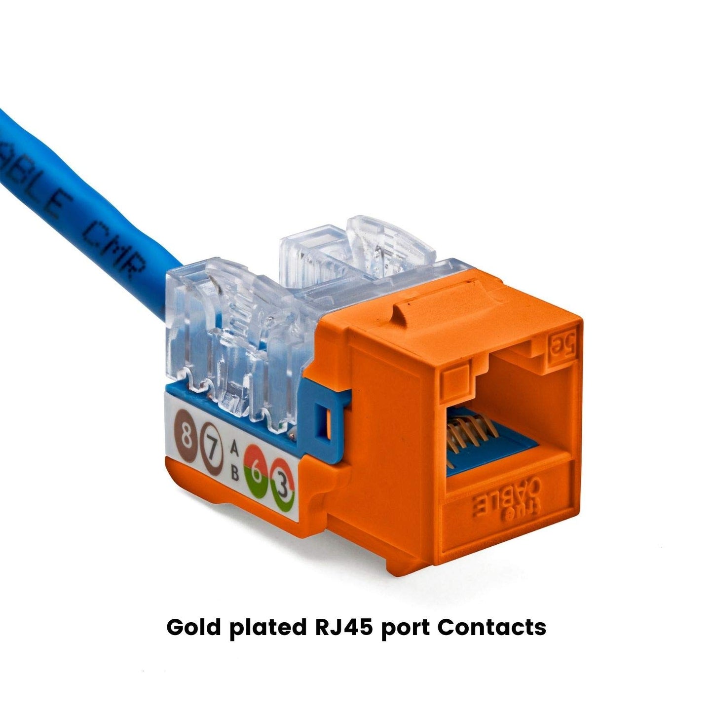 trueCABLE Cat5e Keystone Jack, Unshielded (UTP), 90 Degree Punch-Down, PoE++ (4PPoE) 100W, UL Listed, ETL Verified, ANSI/TIA Certified, Modular RJ45 Female, Orange, 12 Pack