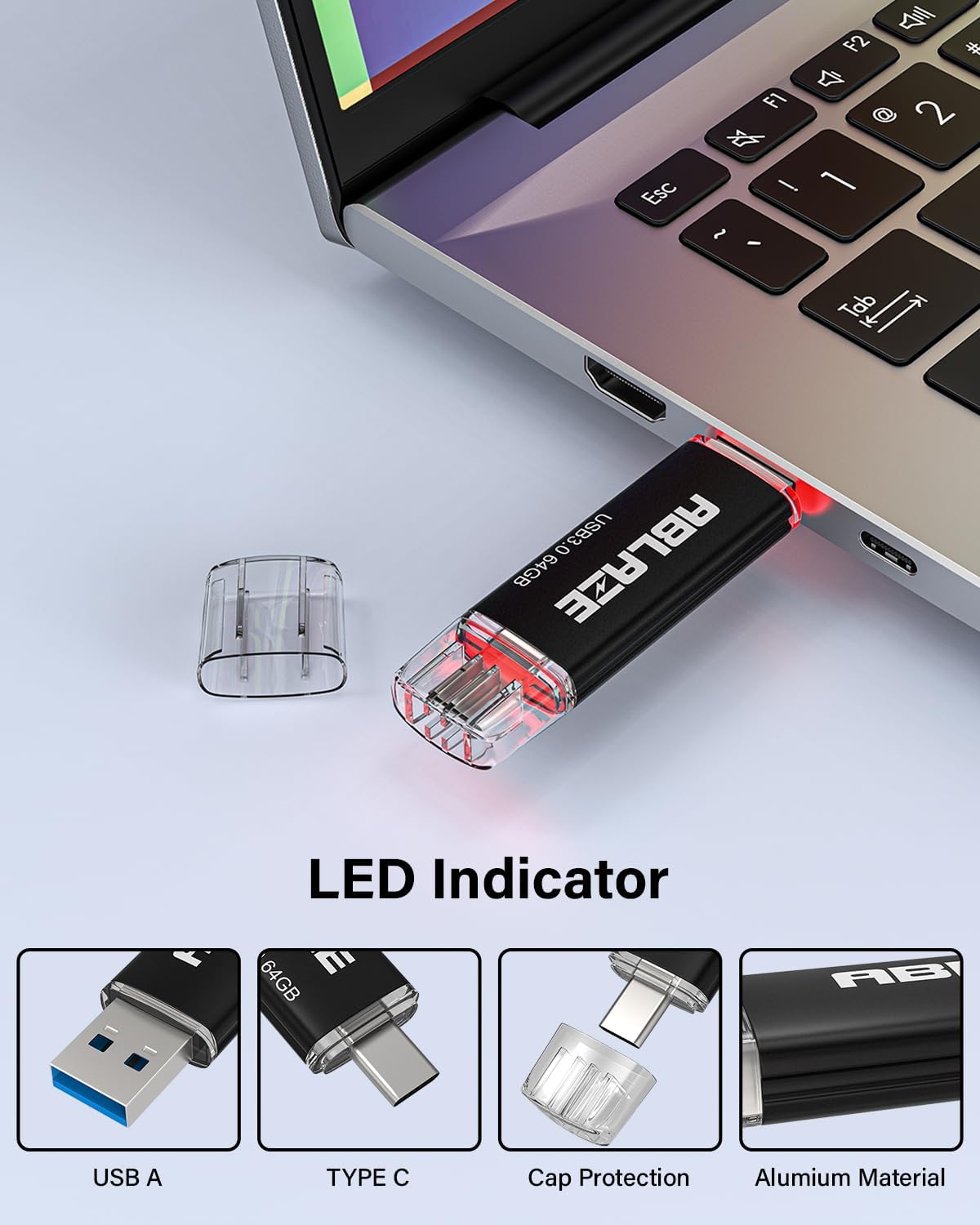 ABLAZE Type C Flash Drive 64GB 5 Pack, Dual USB 3.0+USB C Flash Drive Compatible with iPhone 16/15, Android Smartphone, Computer,Tablet Mac Laptop (5 Pack)