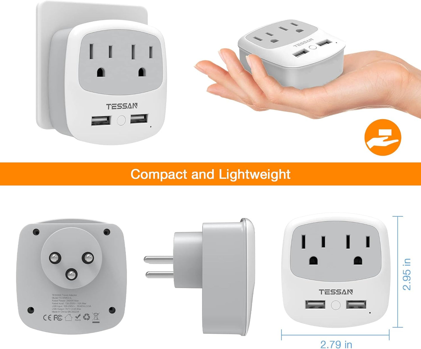 TESSAN Israel Power Adapter, Type H Travel Plug Adaptor with 2 USB Ports 2 American Outlets for US to Israel Jerusalem