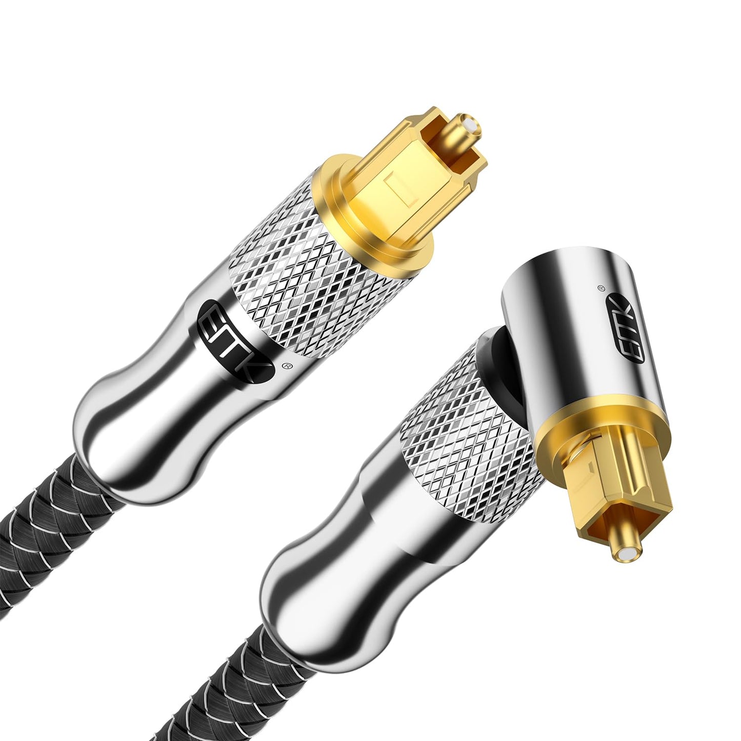 EMK Premium 24K Gold-Plated Right Angle Optical Cable – 90° Toslink to Toslink (10M/30Ft), 360° Rotatable for Soundbars, TVs & Home Theater