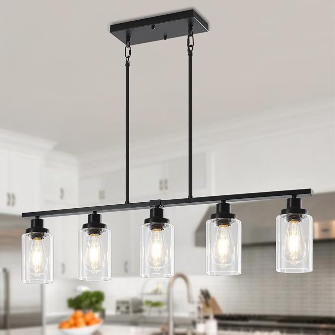 Modern Island Lights for Kitchen Black Dining Room Light Fixtures Over Table 5-Light Farmhouse Linear Chandelier Adjustable Hanging Kitchen Lights Ceiling Clear Glass Pendant Lighting Over Island