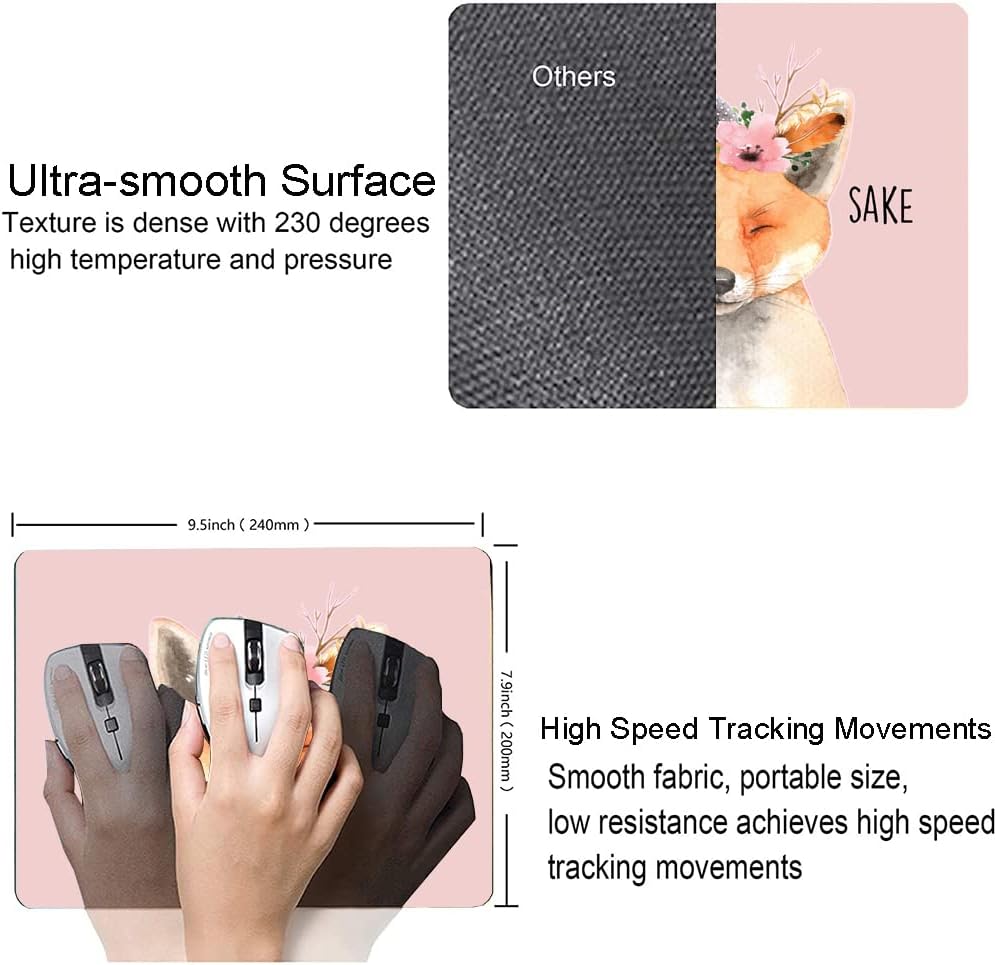 Mouse Pad, Cute Fox Mouse Pad for Women, Washable Square Cloth Mousepad for Office Laptop, Non-Slip Rubber Base Computer Mouse Pads for Wireless Mouse, Kawaii Mouse Pads for Desk