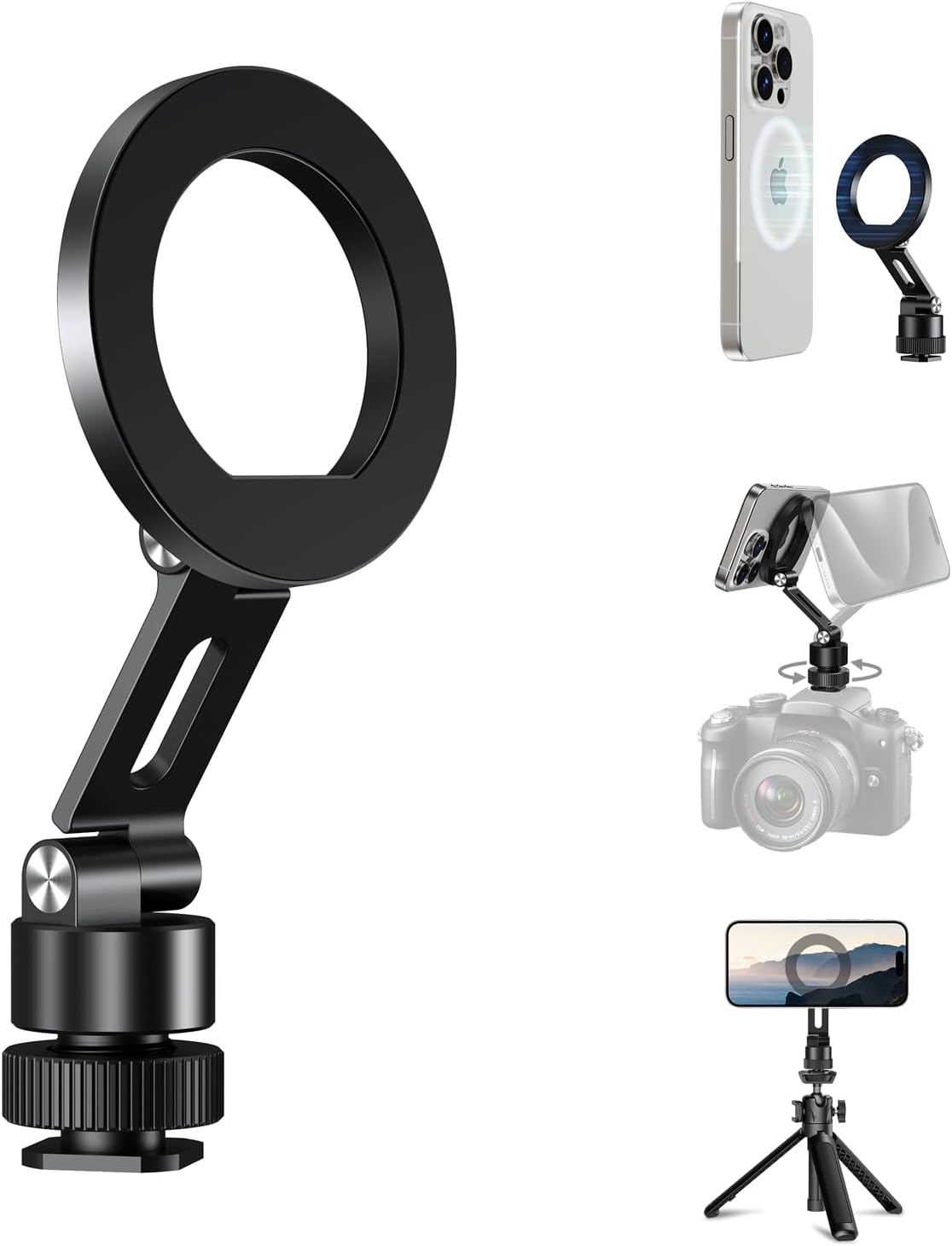 elitehood Aluminum Magnetic Camera Phone Mount with 360° Rotatable Cold Shoe Base, MagSafe iPhone Tripod Mount Adapter with 1/4” Screw & Hot Shoe, 180° Tilt Cell Phone Holder for Tripod Attachment