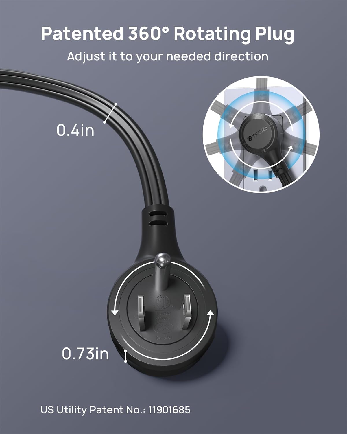 TROND 360° Rotating Flat Plug Extension Cord 1.5ft, Low Profile Small Power Strip, Three Side Grounded Outlet, 13A, Short SPT 16/3 Gauge Cable for Indoor Home Office Cruise Travel Essentials, Black