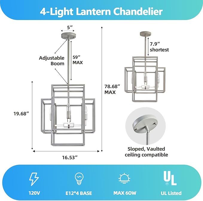 WJShome 4-Light Brushed Nickel Chandelier, Modern Foyer Lighting Fixtures, 16.5" Silver Farmhouse Chandeliers, Hanging Lantern Pendant Lights Kitchen Island, for Living Room, Entryway, Staircase