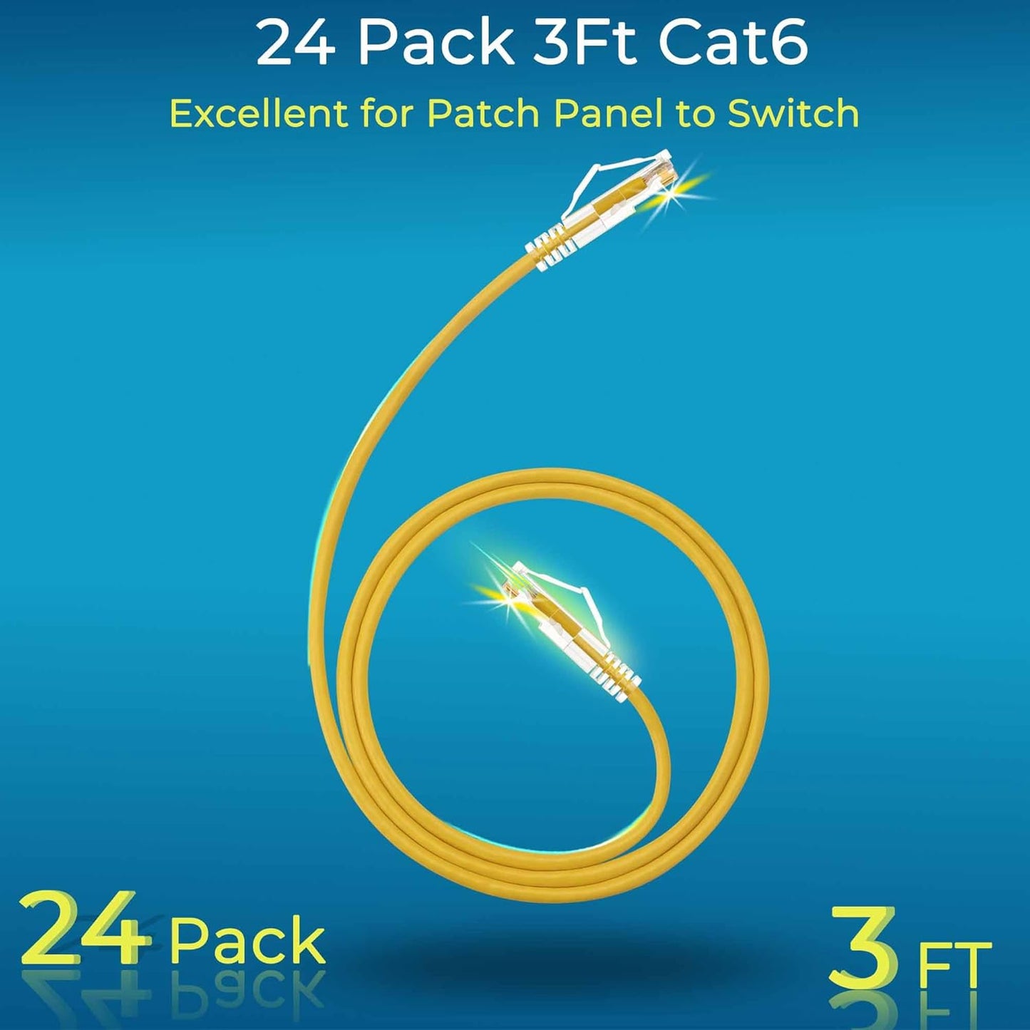 Rapink Patch Cables Cat6/ Cat6a 3ft (24 Pack) Slim, Cat6a Ethernet Patch Cable 30G Support, Snagless Cat 6 Patch Cable for Patch Panel to Switch, Flexiable Cat6 Ethernet Cable Yellow