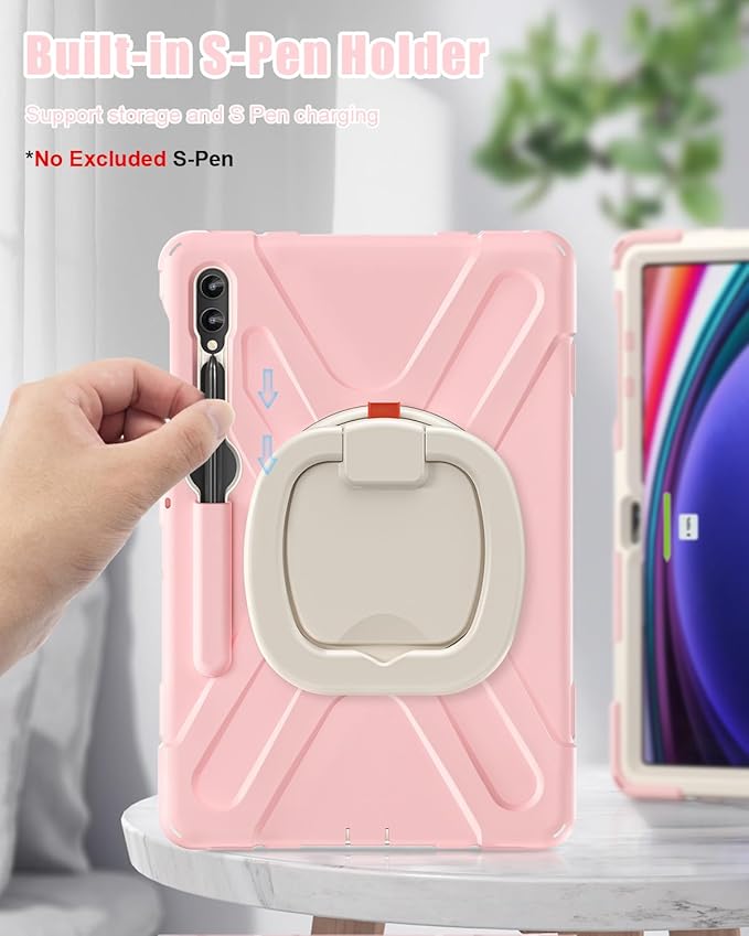 BRAECN Case for Samsung Galaxy Tab S9+/S8+/S7 FE/S7+ 12.4, Drop-Proof Rugged Case with Shoulder Strap, S Pen Holder,Stable Kickstand,Handle Grip for Galaxy Tab S9 Plus SM-X810/X816B/X818U-Sakura Pink